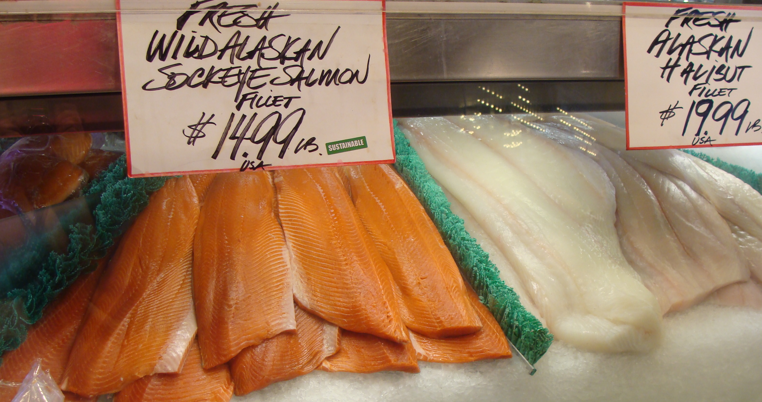 Sokeye salmon and halibut at Pike St. Market in Seattle