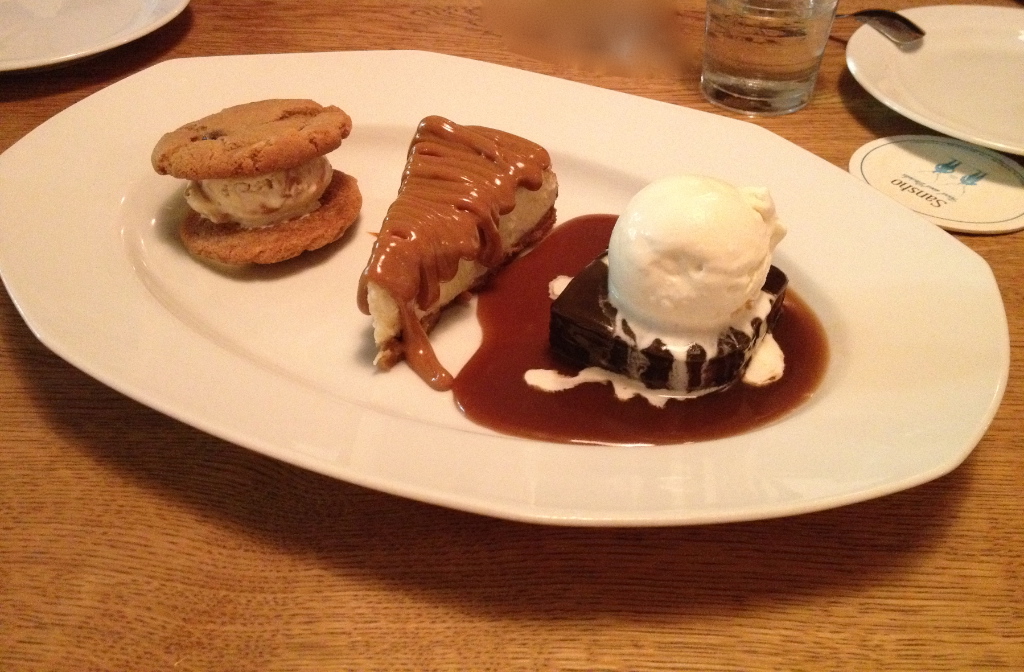 Deserts: Chocolate cookies, caramel cheesecake and sticky toffee puding