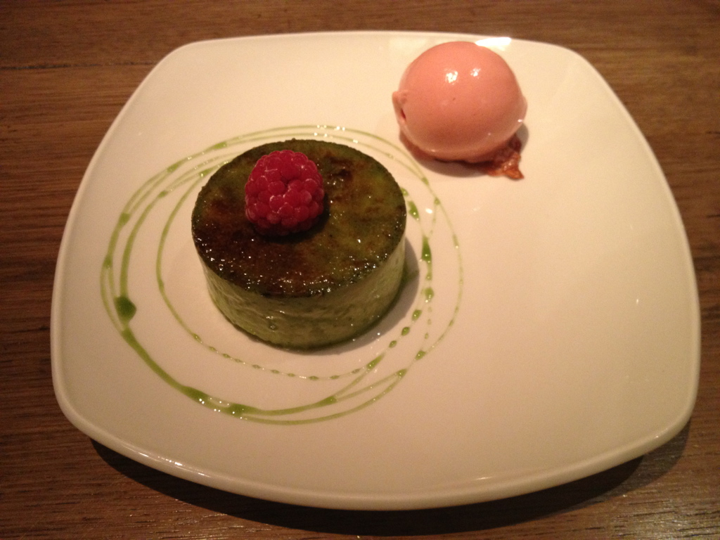 Green tea brullee with guava sorbet