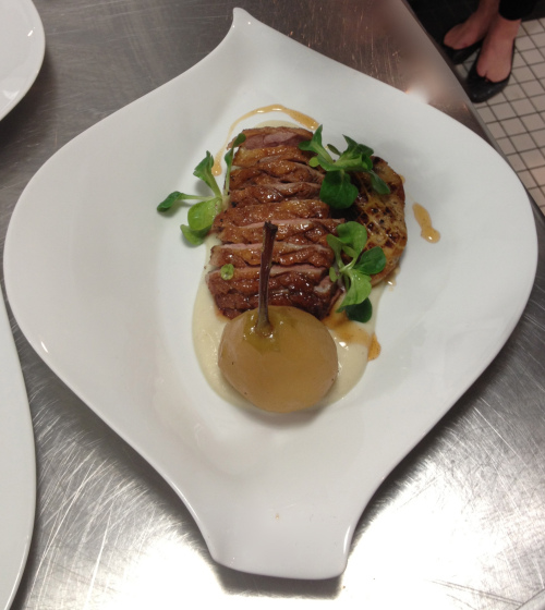 Duck with foie gras, poached pear, celeriac and vanilla