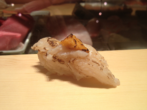 White fish with uni sushi omakase