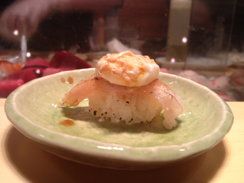White fish with egg sushi omakase