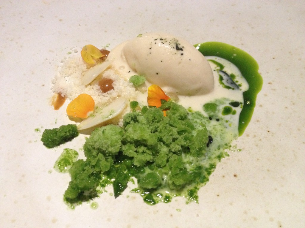 Almond ice-cream, dill-ice shavings and almond powder sweet delight