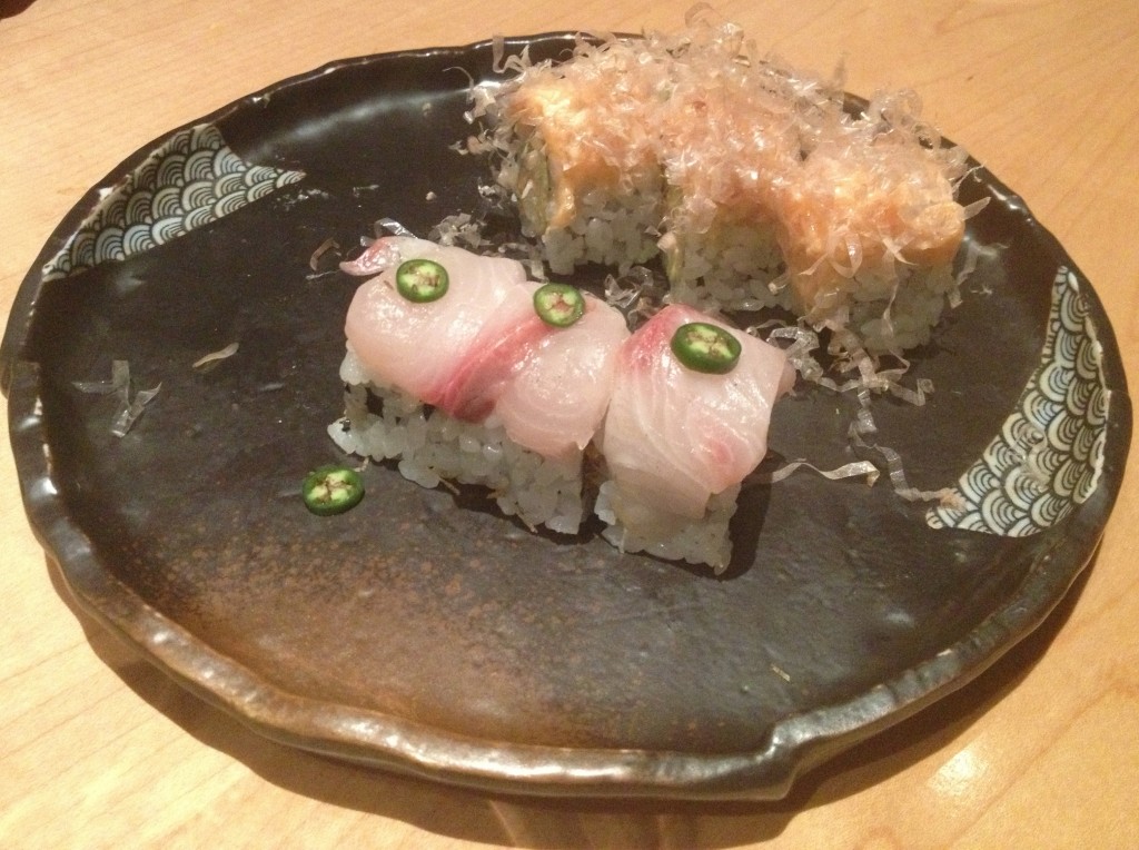 Neta sushi and salmon roll with bonito hair