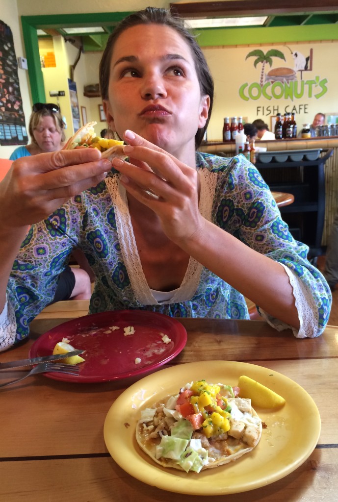 Radka (myself) relishing fish tacos at Coconut's in Maui
